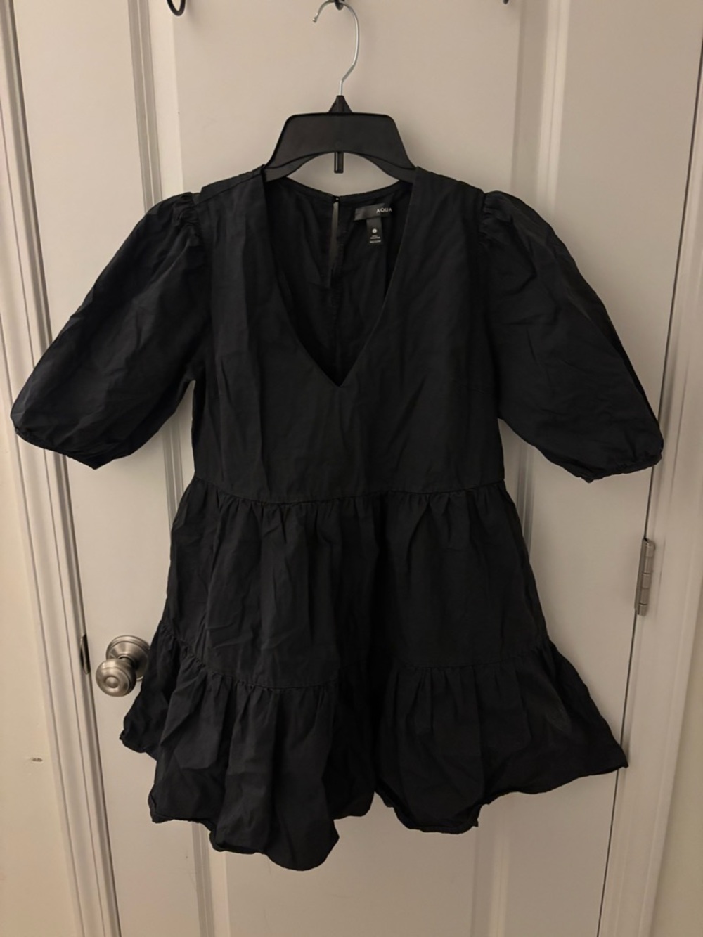 Aqua Black Mini Dress with Puff Sleeves